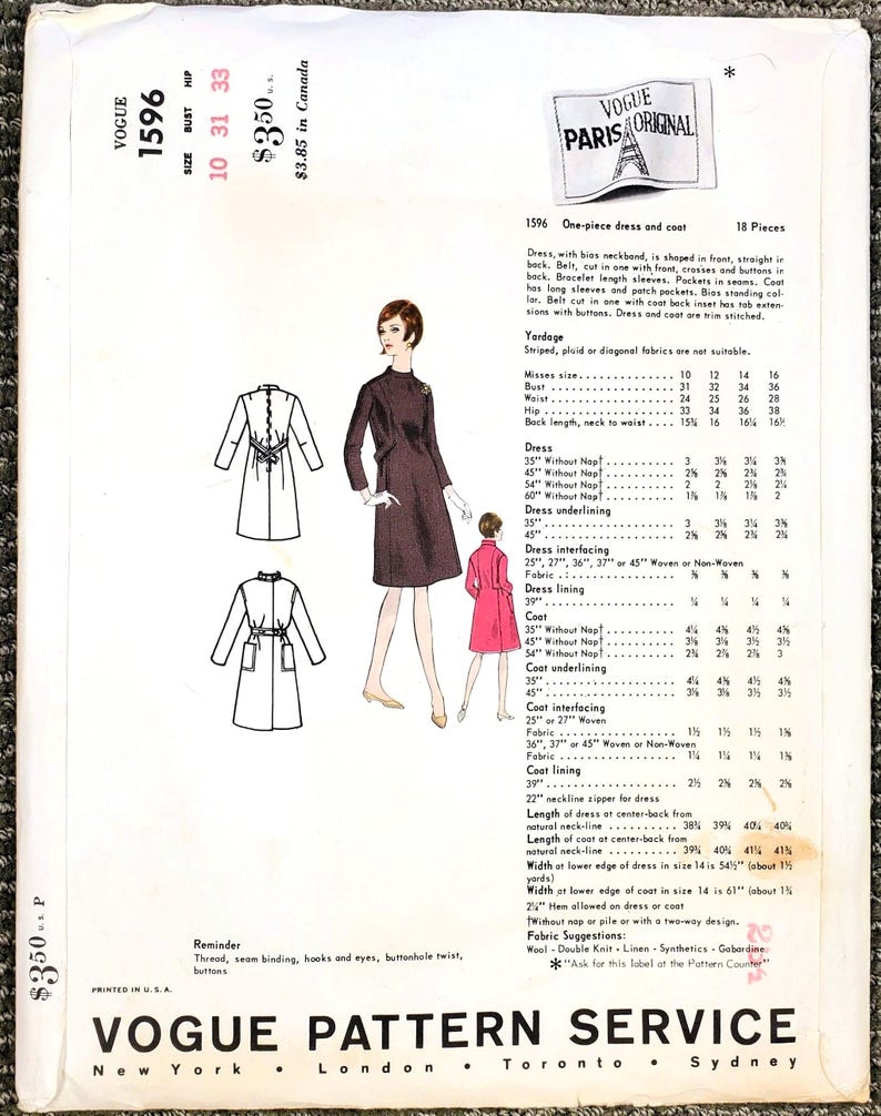 Vogue Paris Original 1596 UNCUT Jacques Griffe Rozmiar 10 B31 Sukienka i płaszcz - Wykrój do szycia w stylu vintage z lat 60. XX wieku zdjęcie 4