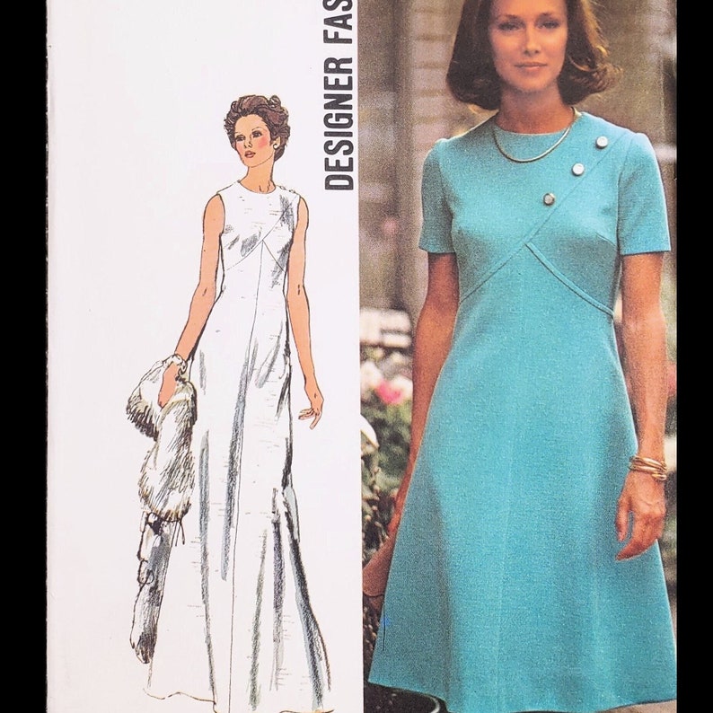 1970s Misses Dress in Two Lengths UNCUT, FF Size 12, Bust 34 Simplicity 5911 Designer Fashion Vintage Paper Sewing Pattern. image 1