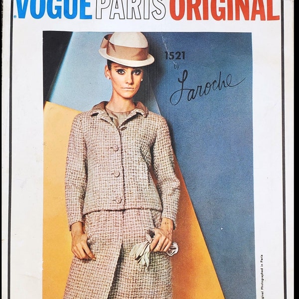 Vogue Paris Original 1521, Laroche. Misses' Suit and Blouse. Sz 10, Bust 31"; ©1965 Vintage Sewing Pattern.