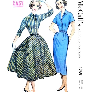 McCalls 4269 Vintage 1950s Shirtwaist Dress Sewing Pattern - Size 18 Bust 38 - Circle Skirt or Straight Skirt