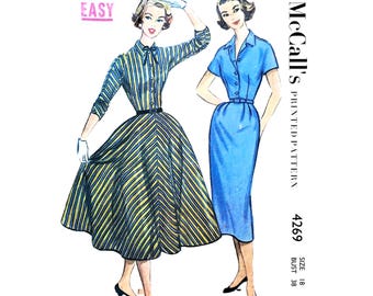 McCalls 4269 Vintage 1950s Shirtwaist Dress Sewing Pattern - Size 18 Bust 38 - Circle Skirt or Straight Skirt