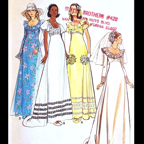 70s Wedding Dress, Bridesmaid, Prom; Size 8, Bust 31.5"; ©1973 Vintage Paper Sewing Pattern.