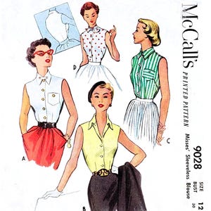 McCall's 9028 ノースリーブブラウス - バスト30インチ - 1950年代ヴィンテージ裁縫パターン