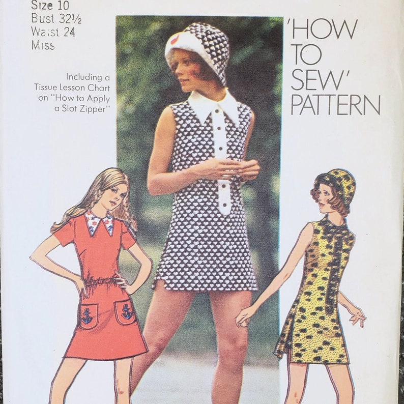 1970s Minidress, Short Shorts, Hat Misses' Size 10, Bust 32.5 Simplicity 9881 ©1972, Vintage Sewing Pattern. image 1