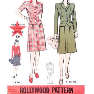 Vintage 1940s Hollywood 1176 UNCUT Size 12 B30 - Skirt Suit Jacket - Vintage Sewing Pattern
