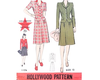 Patrón de costura vintage Hollywood 1176, años 40, sin cortar, talla 12 B30 - Chaqueta de traje con falda - Vintage