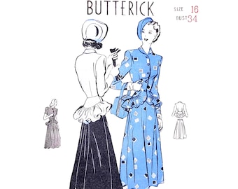 Vintage 1940s Butterick 4422 Size 16 B34 - Suit Dress + Peplum Jacket Sewing Pattern