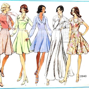 May include: Illustration of five vintage dresses in various styles. The dresses are in shades of pink, green, blue, white, and floral print. The image includes the text "VOGUE'S BASIC DESIGN" and the number "2840".