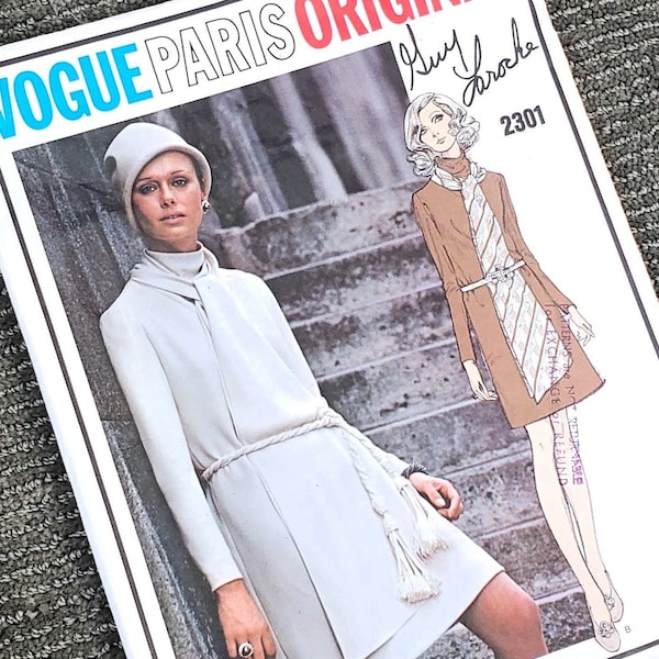 Vogue Paris Original 2301, Guy Laroche. Mod Dress with Scarf. Size 8, Bust 31.5; Vintage 1970's Sewing Pattern.
