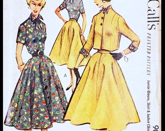 1950s Reversible Skirt and Jacket with Fitted Blouse; Size 13, Bust 31"; ©1952 Vintage Paper Sewing Pattern McCall's 9044.