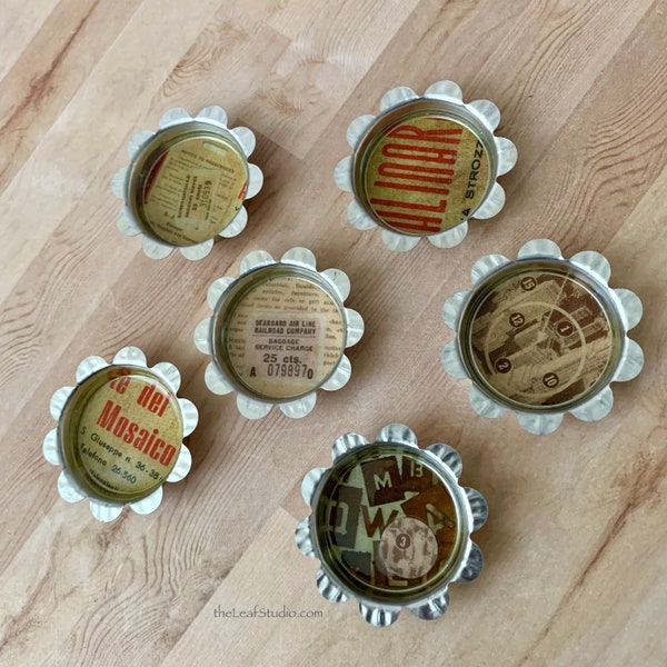 Set of 6 Vintage-look Flower Bottle Caps OOAK | Magnets or Pins