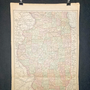 Antike viktorianische Karte von ILLINOIS & OHIO, ORIGINAL, doppelseitiger Atlas, ca. Um 1890