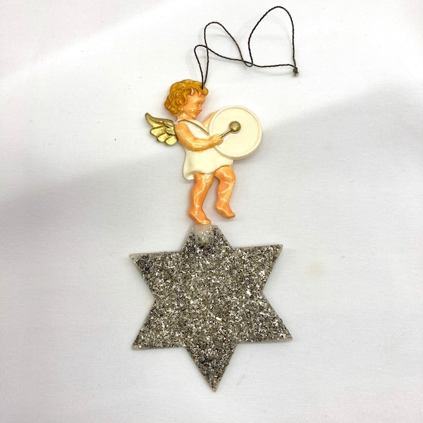 Vintage German Angel Christmas Crescent Moon Feather Tree Ornament c. 1950s