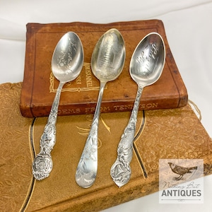 Antique Sterling Silver Souvenir Spoons, Kansas City MO, Fort Smith ARK, Rheville KY, ca. Early 1900s