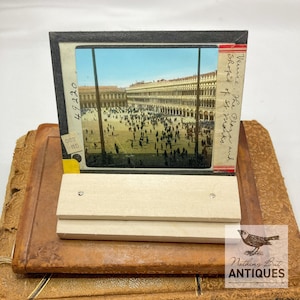 Antique Victorian Magic Lantern Glass Slide, St. Mark&#39;s Square Venice Italy, With Stand, ca. 1900