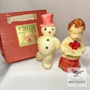 Vintage Christmas Tavern Novelty Choir Boy & Snowman-kaarsen, gemaakt door Frank Gurley, set van 2 in originele doos, ca. 1939 - 49