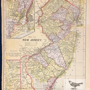 Antique Victorian Map of NEW JERSEY & New Hampshire and Vermont, GENUINE, Double-Sided Atlas Map, ca. 1890