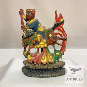 Antique Polychrome Chinese Warrior, Hand Carved Wood, ca. 1850