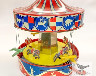 Vintage Mechanical Merry-Go-Round, Wolverine Tin Lithograph, WORKING, ca. 1950s