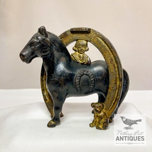 Antique Cast Iron Buster Brown & Tige GOOD LUCK Horseshoe With Horse Still Bank, Original Paint ARCADE, ca. 1908 - 32