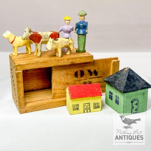 Antique Early Erzgebirge Miniatures, Farmer & Wife With Animals in Wood Crate With Houses, ca. 1920s - 30s