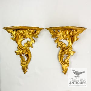 Antique Italian Rococo Style Wall Bracket Shelves, Carved Wood Gold Gilded, Set of 2, ca. 1910- 20