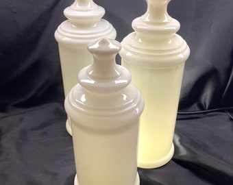 Antique Apothecary Jars Large Covered Set of 3 Milk Glass c. 1900s