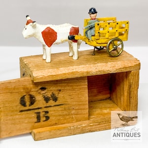 Antique Early Erzgebirge Miniatures, Farmer & Cow With Cart in Wood Crate, ca. 1920s - 30s