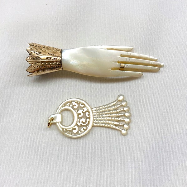Victorian Mother Of Pearl Mourning Hand Brooch and Pendant