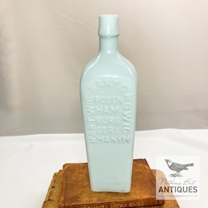 Antique Heavy White Milk Glass Hartwig Kantorowicz Bitters Bottle, Posen Hamburg Germany, ca. 1890