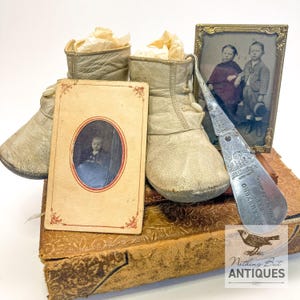 Antique Victorian Baby Shoes With Foldable Shoe Horn/Button Hook & Framed Tin Types, Set of 5, ca. 1890s - 1910s