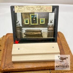 Antique Victorian Magic Lantern Glass Slide, Mona Lisa at the Lourve Paris France, With Stand, ca. 1900