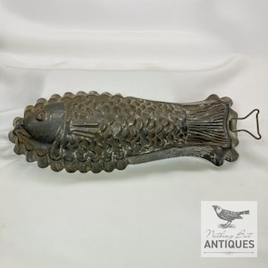 Antique Victorian Primitive Tin Aspic Jelly Mold With Hanger, Fish Motif, ca. 1900s