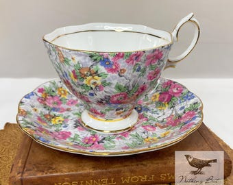 Vintage Royal Albert Chintz Flowers Tea Cup & Saucer, Bone China, ca. 1950s