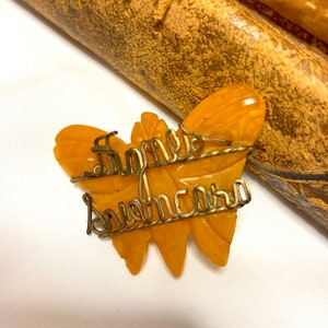 Vintage Bakelite Butterscotch Carved Butterfly Pin, ca. 1930s - 1940s