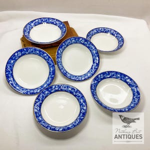Antique Victorian Flow Blue Berry Bowls, English William Grindley & Co. Beauty Roses Pattern, ca. 1900