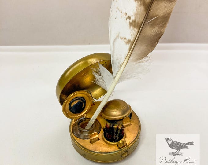 Antique Victorian Traveling Double Ink Well With Pen Brush & Original ...