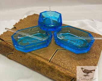 Antique Salt Dips, Blue Intaglio Glass With Glass Spoons, Set of 3, ca. 1930s