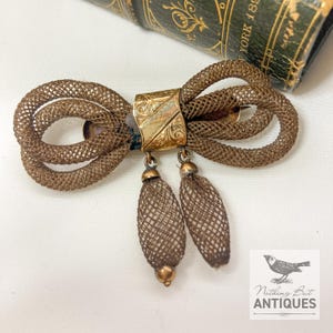Antique Victorian Mourning Hair Bow Pin Brooch, RARE 14K Gold, ca. 1850 - 90