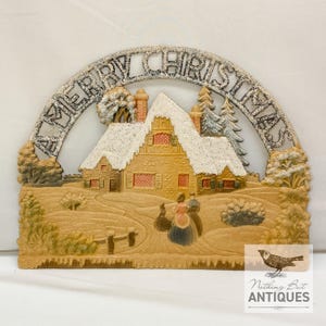 Adorno navideño antiguo, cartón recubierto de mica en relieve, Alemania Occidental, circa 1940-1950