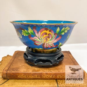 Vintage Chinese Cloisonne Brass Rice Bowl, Chrysanthemum Flower Brass Wire Inlay With Stand, ca. 1940s
