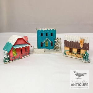 Vintage Antique Christmas PUTZ Village Houses, Mica Covered Cardboard, Marked JAPAN, Set of 3, ca. 1940s