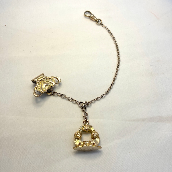 Antique Edwardian Watch Fob With Clip and Chain, Monogrammed 'AFC', Gold Filled, ca. 1800s