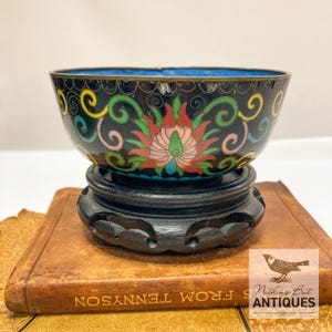 Vintage Chinese Cloisonne Copper Rice Bowl, Lotus Flower Copper Wire Inlay With Stand, ca. 1920s