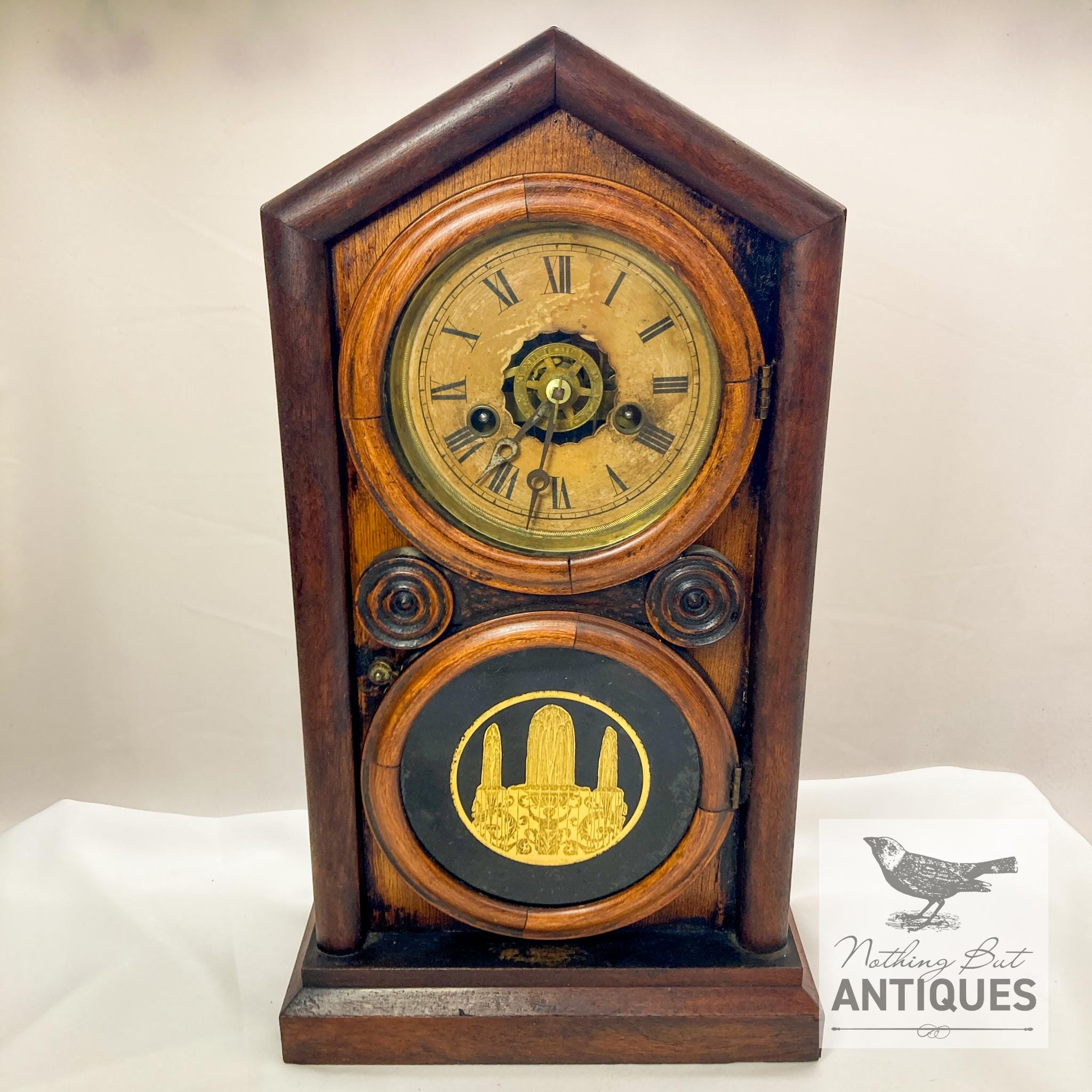 Antique E. Ingraham 8-day Mosaic Front Empire Mantle Chiming Clock