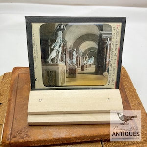 Antique Victorian Magic Lantern Glass Slide, Palace Of Louvre Hall Paris France, With Stand, ca. 1900