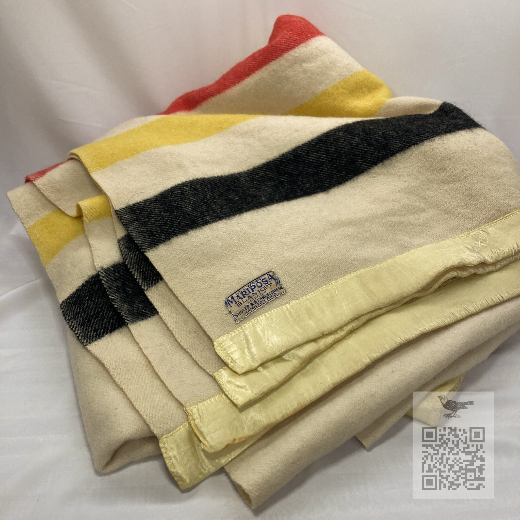 Vintage Mariposa 4 Stripe Wool Blanket 80 X 76 in. Hamilton Ohio ca. 1960s