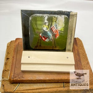 Antique Victorian Magic Lantern Glass Slide, VERY RARE Patriotic Boy Blue on Wooden Horse, With Stand, ca. 1900