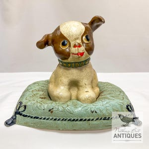 Antique Cast Iron Fido On Pillow Still Bank With Original Paint, Hubley U.S., ca. 1920s