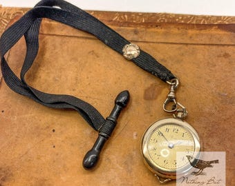 Antique Victorian Roco Langendorf Women's Watch With Mourning Fob Chain, 14K Rolled Gold, WORKING, ca. 1890